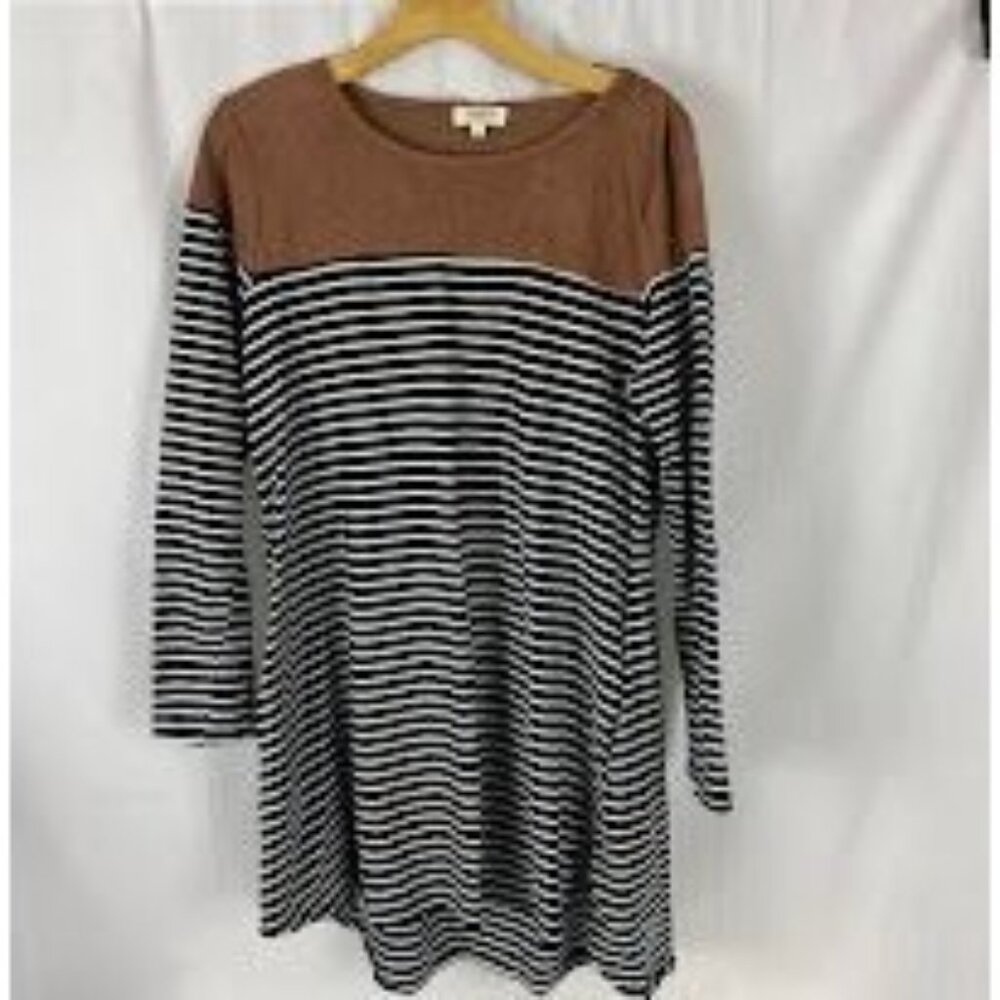 Umgee Preppy Striped Long Sleeve Suede Accent Knee Length T-Shirt Dress Sz Med. - Picture 2 of 16